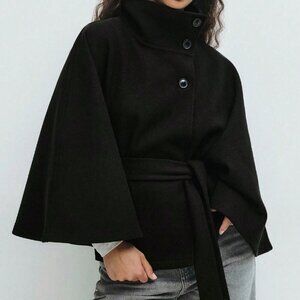 Black Elegant Women's Cloak With Stand Collar, Button Closure And Belt